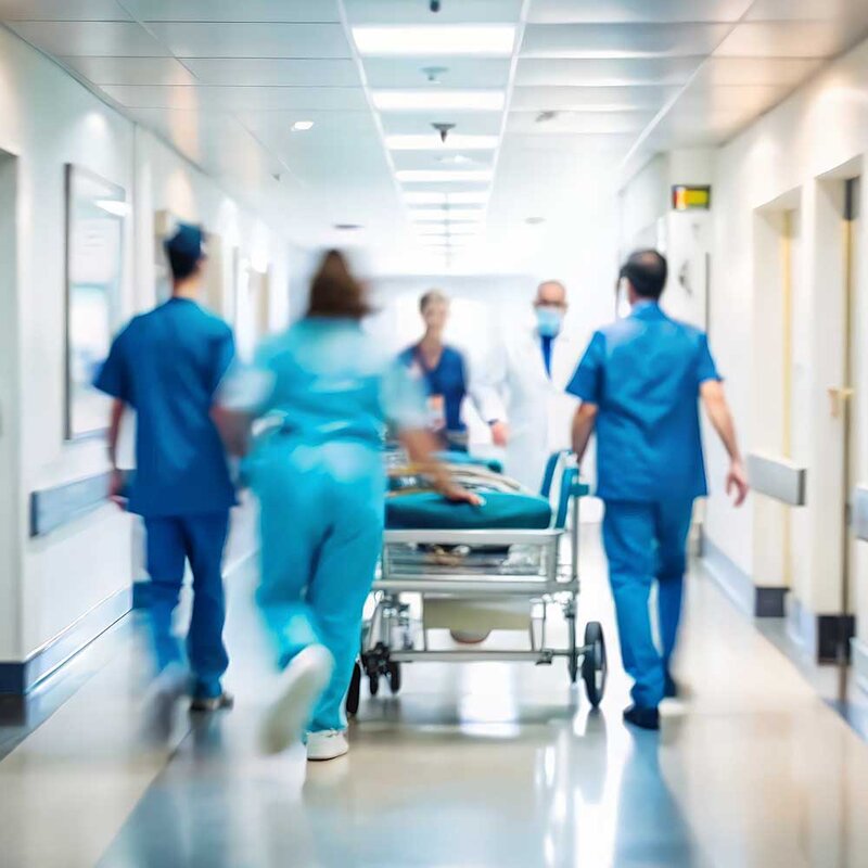 Pflegekräfte schieben ein Krankenbett in der Notaufnahme